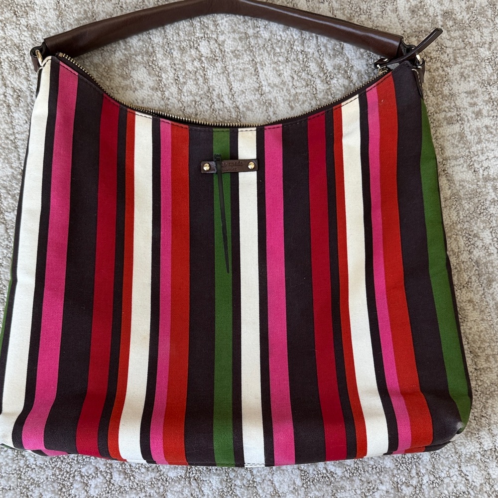 Kate Spade Green and Brown Striped Shoulder Tote Bag